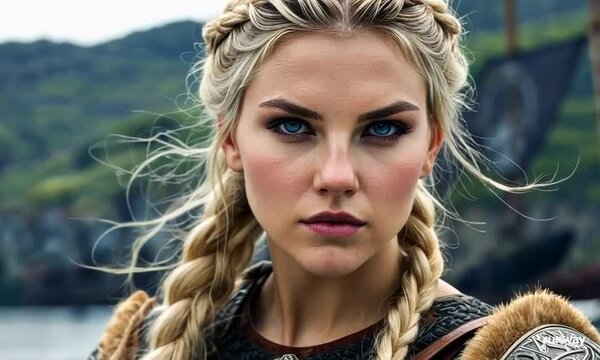 A Beautiful Viking Shield Maiden with Blonde Braided Hair. Nordic Culture Mythology Cosplay.