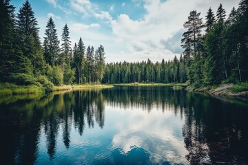 A serene landscape featuring a forest lake with clear reflections of trees and sky on a bright day.