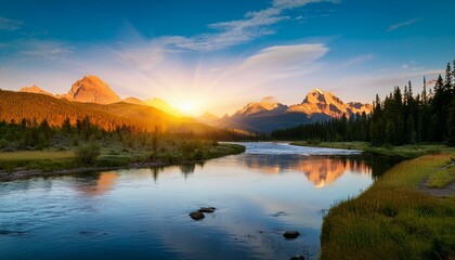 Majestic Mountain Landscape with Serene River at Sunrise Reflecting Tranquil Wilderness
