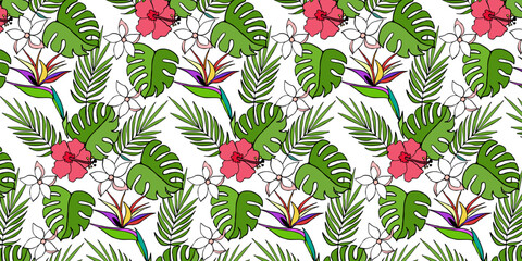 Seamless pattern, leaves, abstract flowers, ornament, texture, contours, tropical plants