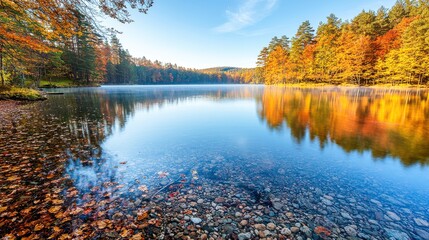 Obraz premium A scenic fall landscape showcases vibrant trees, clear water, and clean air, free from pollution. The serene scene emphasizes the importance of preserving natural beauty and protecting the environment