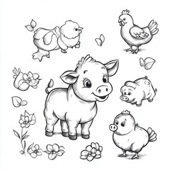 Obraz premium Cute cartoon farm animals and flowers illustration.