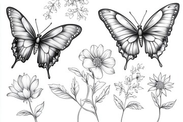 Obraz premium Two butterflies in flight with flowers and leaves, drawn in black and white.