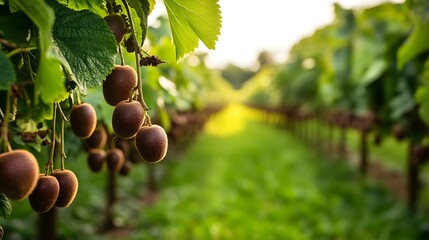 Obraz premium A photograph of a lush verdant kiwi berry field with kiwi berries hanging in abundance from the vines showcasing the bountiful harvest and natural beauty of this picturesque agricultural setting