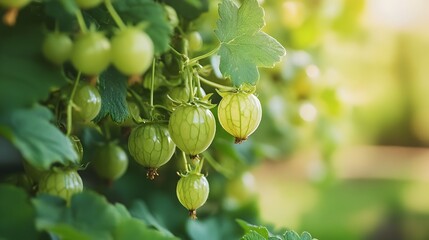 Fototapeta premium Lush green gooseberry orchard with clusters of fresh ripe gooseberries growing on the vines amid the verdant foliage A bountiful and fruitful agricultural landscape