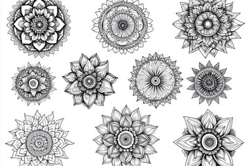 Set of nine hand-drawn mandala designs, perfect for coloring, meditation, or tattoo inspiration.