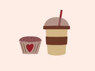 Hot drink. Coffee, tea in paper cup. Cupcake, sweets, muffin. Vector illustration. Coffee shop logo