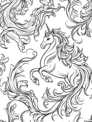 Elegant black and white unicorn with baroque floral patterns seamless pattern.