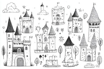 Fototapeta premium Hand drawn doodle set of cute cartoon fairytale castles.