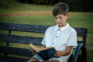 A young boy sits on a wooden park bench, deeply engrossed in a book. The surrounding green grass...