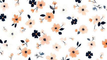 A seamless pattern featuring cute small floral designs in pastel peach and navy blue on a white background. The pattern has a lovely, dreamy tone with a minimalist, simple illustration style