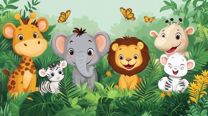 Naklejka premium Cute cartoon animals in a jungle setting.