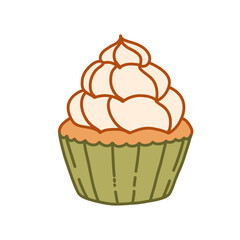 Sweet Cupcake With Cream. Doodle Sticker Icon