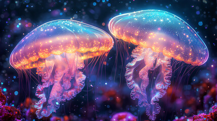 illustration of two colorful baby jellyfish in the sea