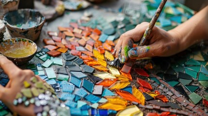 Artist's hands creating colorful mosaic art with brush and paint.  Concept of creativity, art therapy, DIY, and craft.