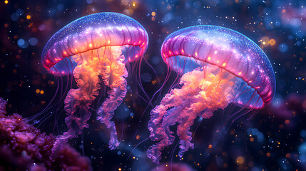 illustration of two colorful baby jellyfish in the sea