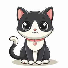 Obraz premium Adorable cartoon tuxedo cat with a pretty pink collar sitting and gazing ahead with large, captivating eyes, a charming and lively illustration