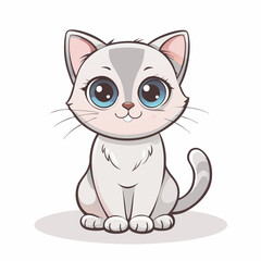Obraz premium Cartoon illustration of a grey tabby kitten with big blue eyes sitting and smiling