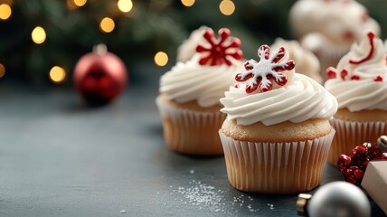 Festive mini cupcakes with holiday designs, surrounded by twinkling lights and ornaments.