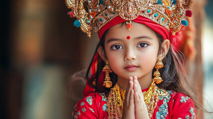 A young girl dressed as a Kumari, a living goddess in Nepalese culture, wearing traditional red attire, ornate jewelry, and a decorative headdress while holding her hands in a prayer gesture