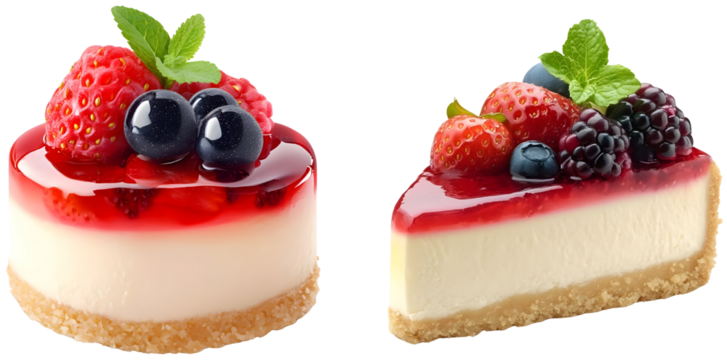 Luscious Berry Cheesecake Delight, isolated on transparent background: Two slices of creamy cheesecake topped with vibrant red glaze and fresh berries, a tempting treat on white