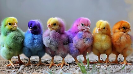 Naklejka premium Rainbow chicks multi colored young chickens