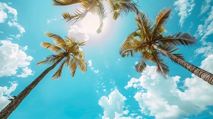 Rainbow clouds blue sky and palm trees