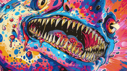 hand drawn monster illustration for full print t-shirt design, outline style, hyper maximalism, heavy composition.