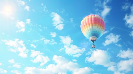 Fototapeta premium Rainbow colored hot air balloon in the blue sky