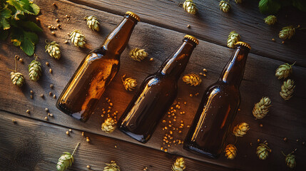 Craft Beer Bottles with Fresh Hops on Dark Wooden Background.
