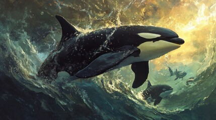 Obraz premium Orcas Leaping Through Waves