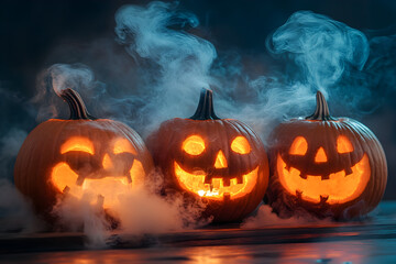 Naklejka premium Eerie Jack-o'-Lanterns with Whimsical Smoke, glowing orange faces flickering in the dark, tendrils of smoke curling upwards, creating a haunting Halloween atmosphere