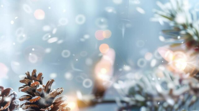 Christmas pine cone on snow with blurred lights in the background, ethereal and dreamy festive winter atmosphere. Web banner with copy space