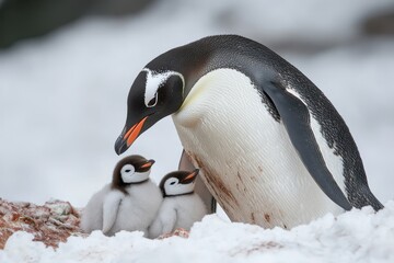 Naklejka premium A gentle penguin caring for two adorable chicks in a snowy landscape, showcasing the beauty of wildlife and family bond.