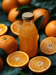 Colorful bottles of fruit juices surrounded by fresh produce on pastel background