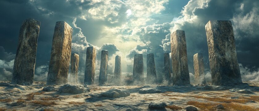 Sacred ancient ruins with towering stone monoliths arranged in a circle under a cloudy sky, shrouded in mystery