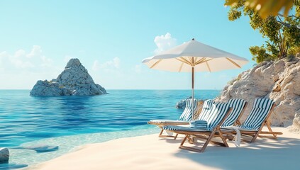 Obraz premium Tropical Beach Chairs and Umbrella by Clear Blue Water 3D Summer Scene with Copy Space. AI generated illustration