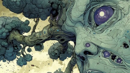 Obraz premium hand drawn monster illustration for full print t-shirt design, outline style, hyper maximalism, heavy composition.