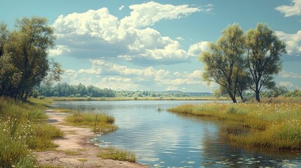 A tranquil river scene with a path winding along the bank, under a blue sky with puffy clouds.