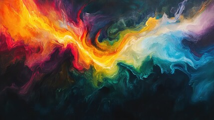 Fototapeta premium Stream of liquid light with a rainbow of colors flowing through a dark, abstract landscape.
