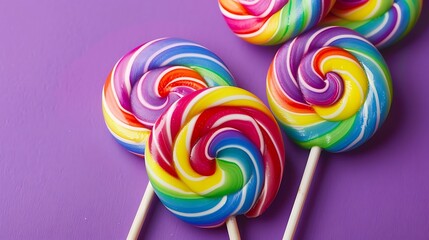 Rainbow lollipop decoration on the table on purple background