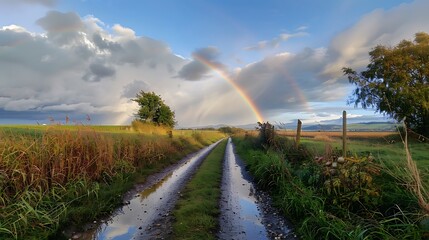 Rainbow over field road