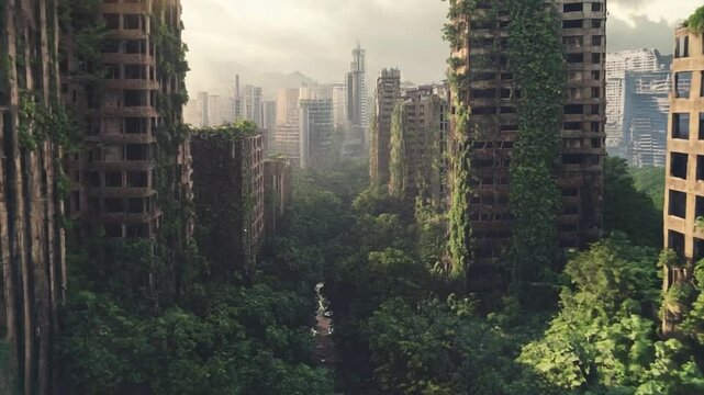 草木に覆われた荒廃した街並みGenerativeAI