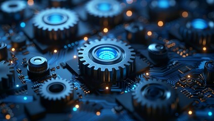 Abstract blue gear and computer chip background, technology concept with gears on a circuit board