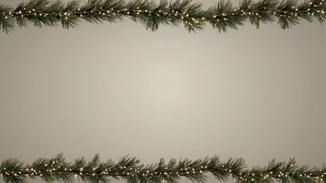 Christmas garland rectangle on spruce branches framing empty space on light background, copy space
