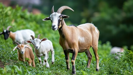 Fototapeta premium A group of goats grazing peacefully in a lush green landscape, showcasing their natural beauty and playful demeanor.