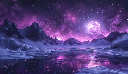Fototapeta premium A starry sky with purple glowing stars, night time, desert landscape with white sand and black rocks in the background, the moon is shining on top of snowy mountains far away