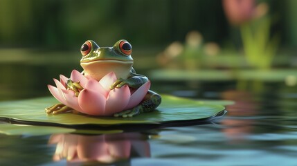 A Serene Frog Resting on a Pink Lily Pad in Tranquil Waters