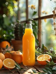 Colorful bottles of fruit juices surrounded by fresh produce on pastel background