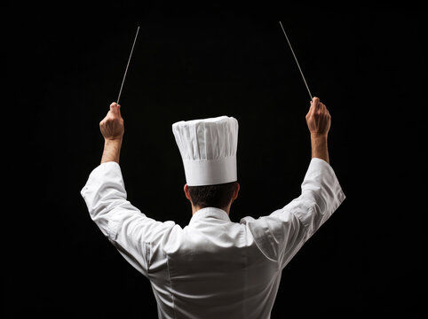 Chef directing with kitchen utensils on black background